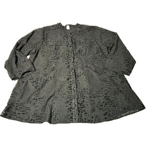 Ela Marie Womens Black Velvet Burnout Button Up Sheer Shirt Roll Tab Sleeve 3XL